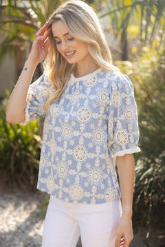 Embroidered Fringe Puff Sleeve Top - Lush Lemon - Women&