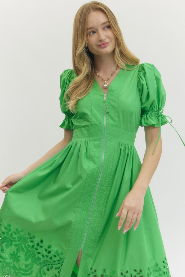 Embroidered Hem Zip Front Midi Dress - Lush Lemon - Women's Clothing - Entro - 81577641074973