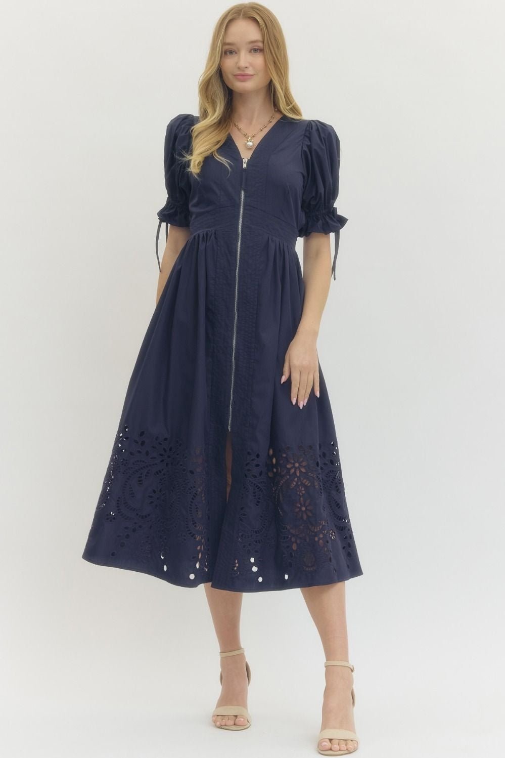 Embroidered Hem Zip Front Midi Dress - Lush Lemon - Women's Clothing - Entro - 81577641074973