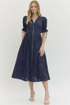 Embroidered Hem Zip Front Midi Dress - Lush Lemon - Women&