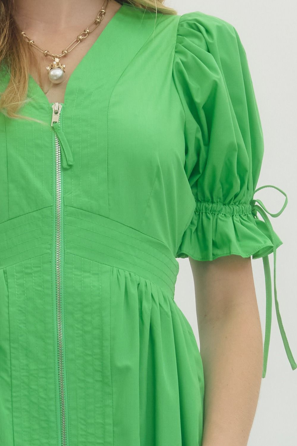 Embroidered Hem Zip Front Midi Dress - Lush Lemon - Women's Clothing - Entro - 81577641074973