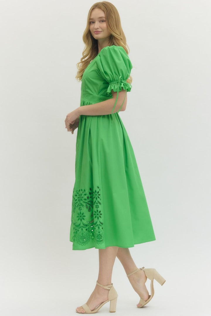 Embroidered Hem Zip Front Midi Dress - Lush Lemon - Women's Clothing - Entro - 81577641074973