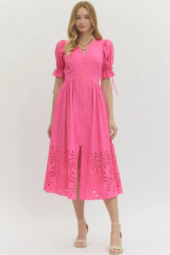 Embroidered Hem Zip Front Midi Dress - Lush Lemon - Women&
