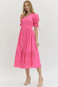 Embroidered Hem Zip Front Midi Dress - Lush Lemon - Women&