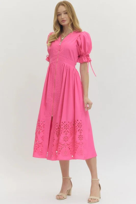 Embroidered Hem Zip Front Midi Dress - Lush Lemon - Women's Clothing - Entro - 