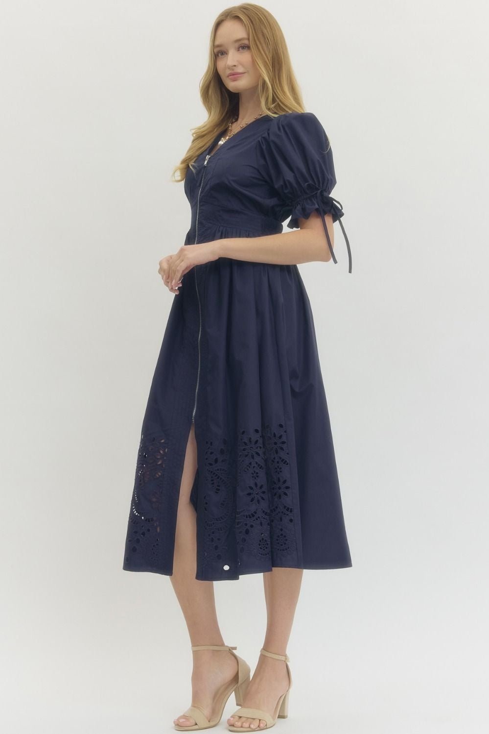 Embroidered Hem Zip Front Midi Dress - Lush Lemon - Women's Clothing - Entro - 