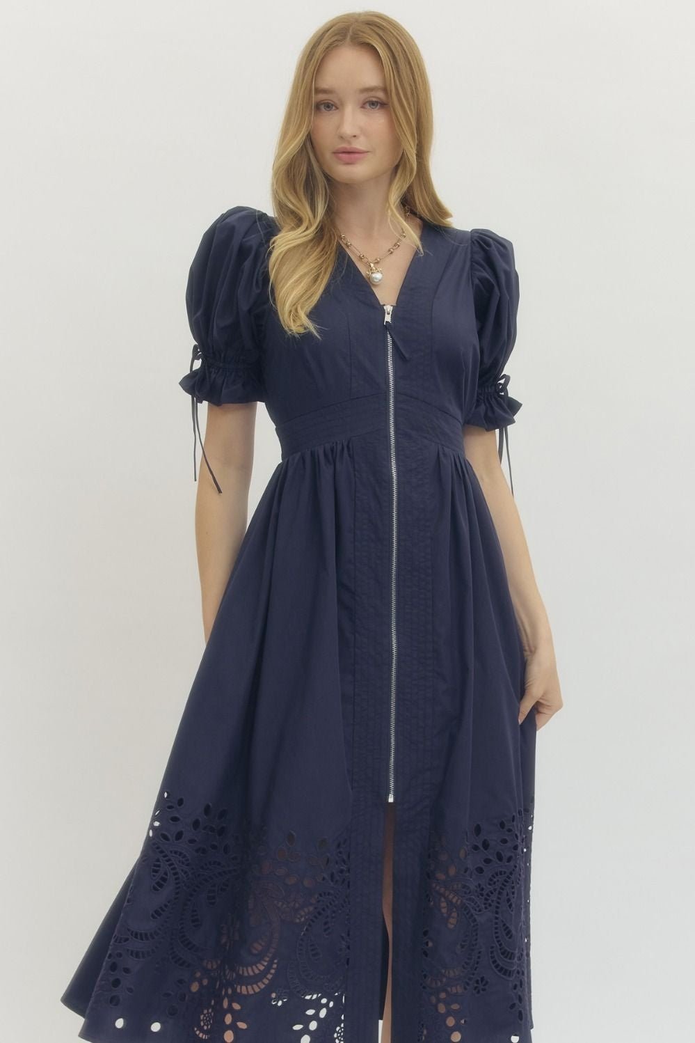 Embroidered Hem Zip Front Midi Dress - Lush Lemon - Women's Clothing - Entro - 