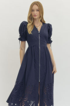 Embroidered Hem Zip Front Midi Dress - Lush Lemon - Women&