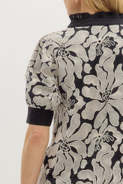 Embroidered Puff Sleeve Pullover Top W/Pleated Collar - Lush Lemon - Women&