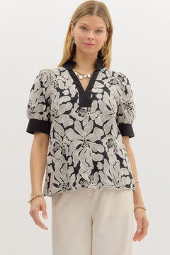 Embroidered Puff Sleeve Pullover Top W/Pleated Collar - Lush Lemon - Women&