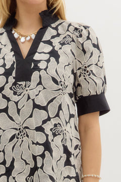 Embroidered Puff Sleeve Pullover Top W/Pleated Collar - Lush Lemon - Women&