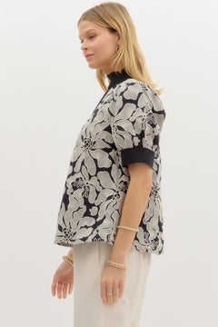 Embroidered Puff Sleeve Pullover Top W/Pleated Collar - Lush Lemon - Women&