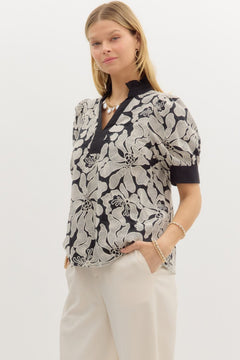 Embroidered Puff Sleeve Pullover Top W/Pleated Collar - Lush Lemon - Women&