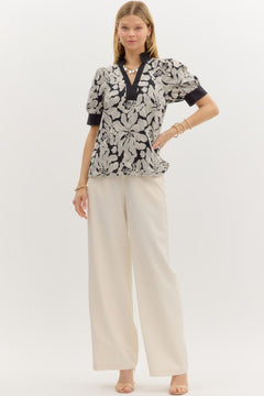 Embroidered Puff Sleeve Pullover Top W/Pleated Collar - Lush Lemon - Women&