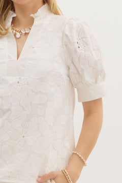 Embroidered Puff Sleeve Pullover Top W/Pleated Collar - Lush Lemon - Women&