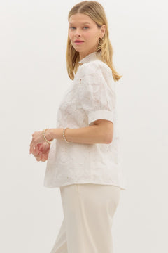 Embroidered Puff Sleeve Pullover Top W/Pleated Collar - Lush Lemon - Women&