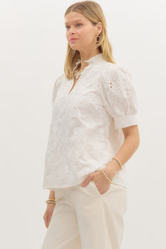 Embroidered Puff Sleeve Pullover Top W/Pleated Collar - Lush Lemon - Women&