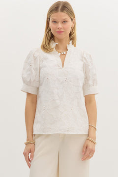 Embroidered Puff Sleeve Pullover Top W/Pleated Collar - Lush Lemon - Women&