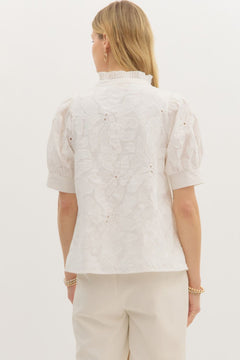 Embroidered Puff Sleeve Pullover Top W/Pleated Collar - Lush Lemon - Women&
