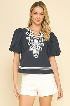 Embroidered Puff Sleeve Top - Lush Lemon - Women&