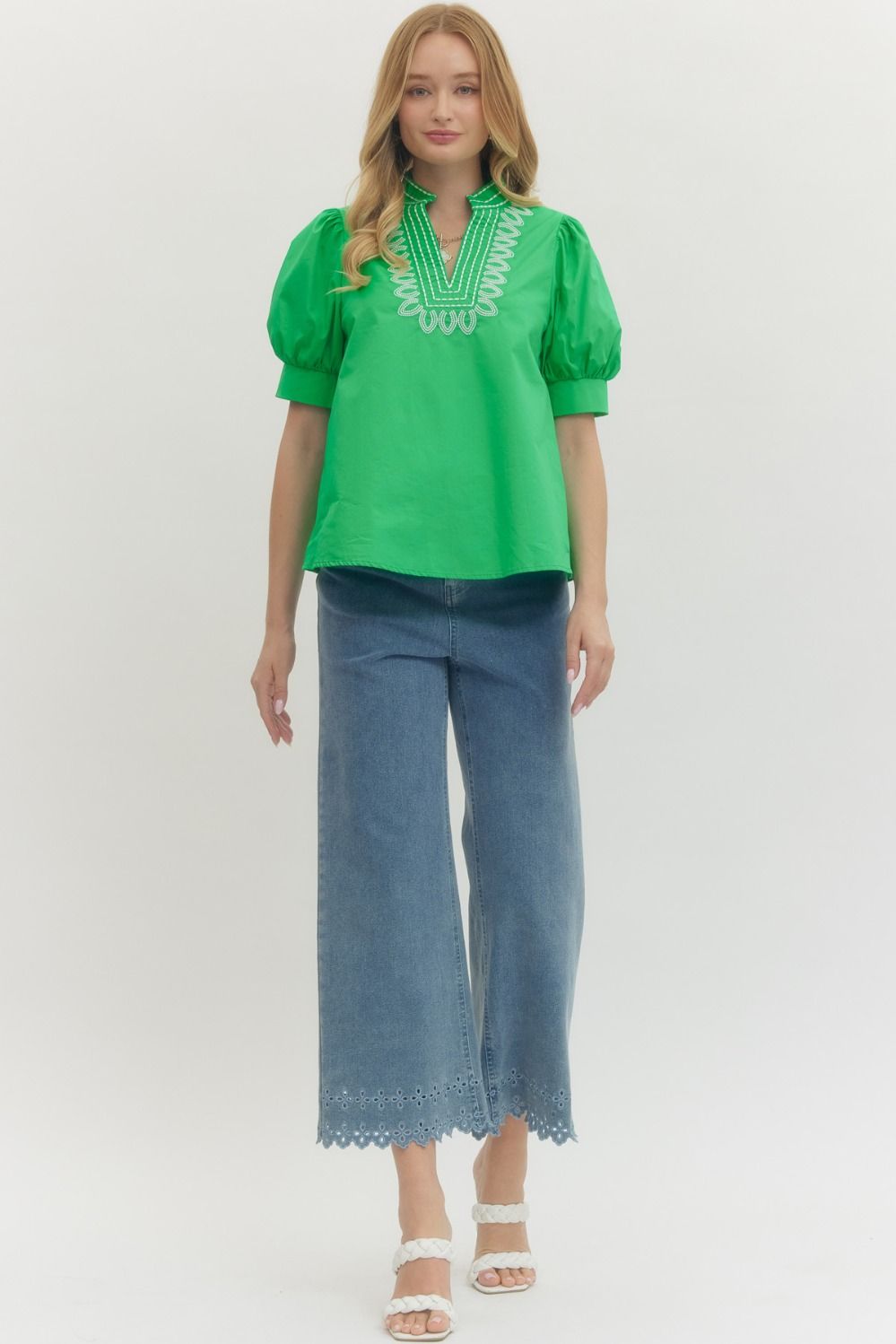 Embroidered Puff Sleeve Top W/V Neck - Lush Lemon - Women's Clothing - Entro - 20092031002045