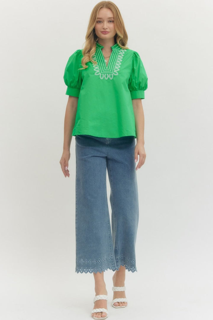 Embroidered Puff Sleeve Top W/V Neck - Lush Lemon - Women's Clothing - Entro - 20092031002045