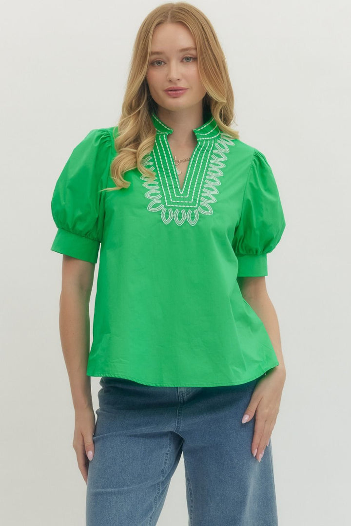 Embroidered Puff Sleeve Top W/V Neck - Lush Lemon - Women's Clothing - Entro - 20092031002045