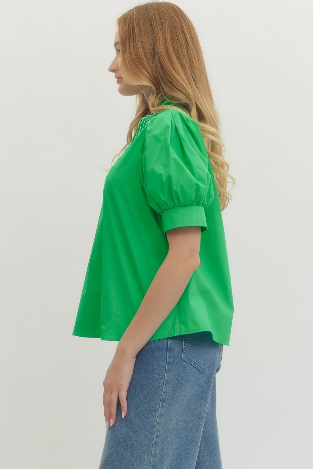 Embroidered Puff Sleeve Top W/V Neck - Lush Lemon - Women's Clothing - Entro - 20092031002045
