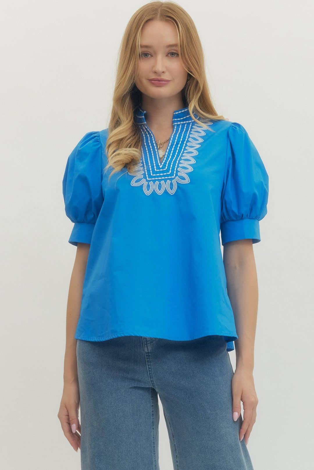 Embroidered Puff Sleeve Top W/V Neck - Lush Lemon - Women's Clothing - Entro - 20092031300349