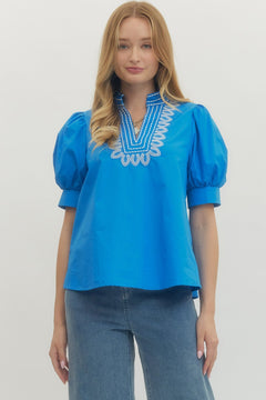 Embroidered Puff Sleeve Top W/V Neck - Lush Lemon - Women&