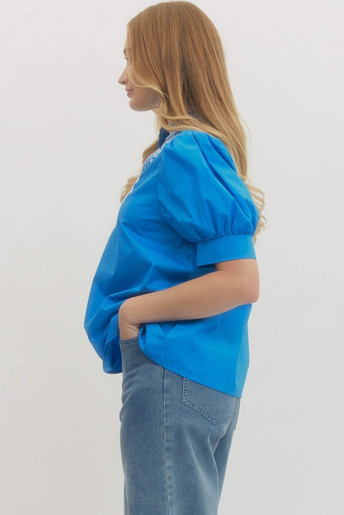 Embroidered Puff Sleeve Top W/V Neck - Entro - Lush Lemon
