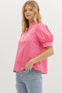 Embroidered Puff Sleeve Top W/V Neck - Lush Lemon - Women&