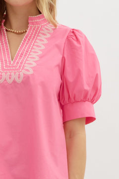 Embroidered Puff Sleeve Top W/V Neck - Lush Lemon - Women&