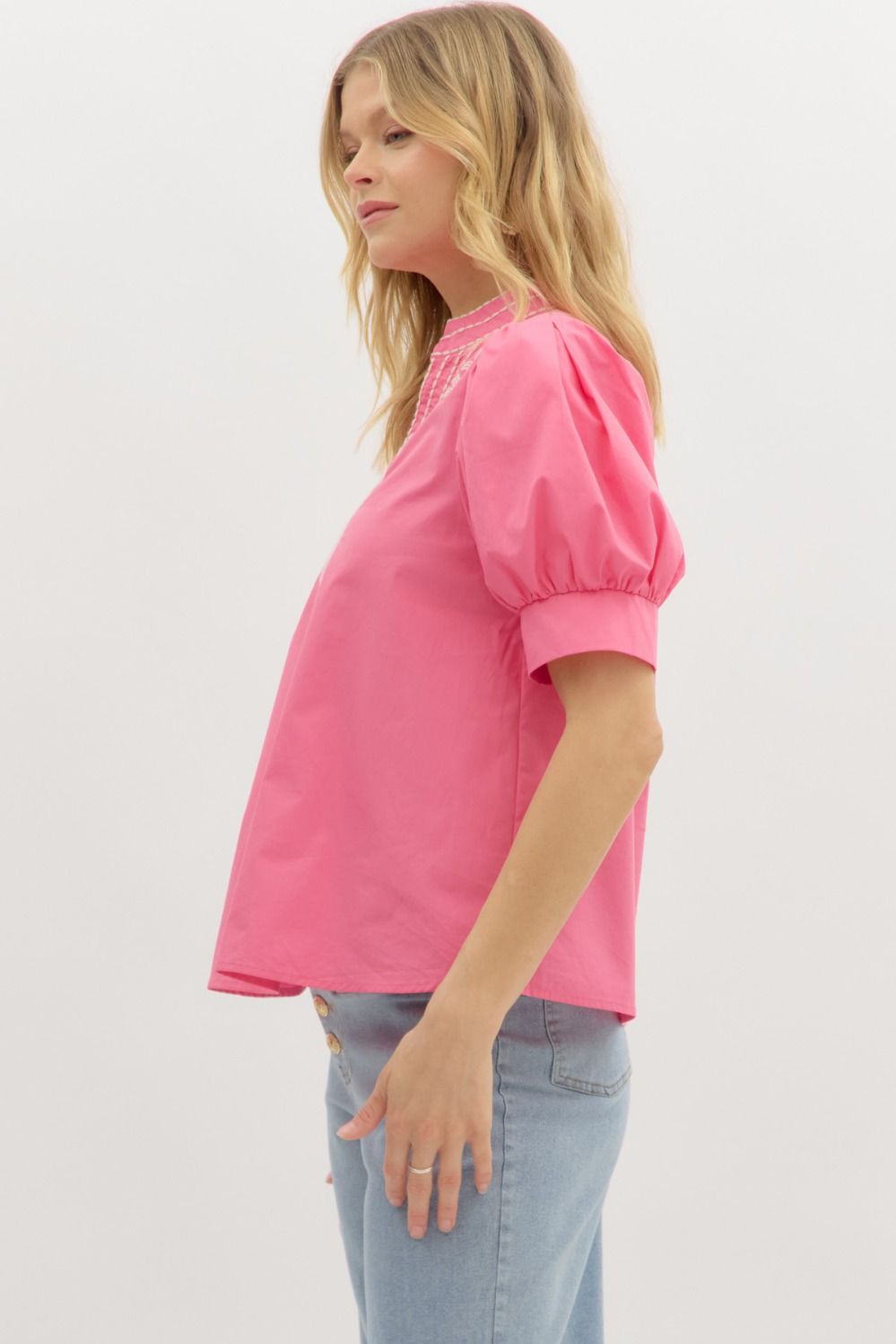 Embroidered Puff Sleeve Top W/V Neck - Lush Lemon - Women's Clothing - Entro - 80322122865021