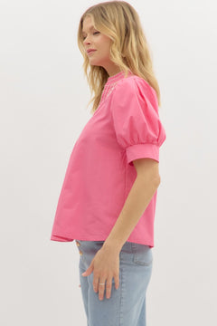 Embroidered Puff Sleeve Top W/V Neck - Lush Lemon - Women&