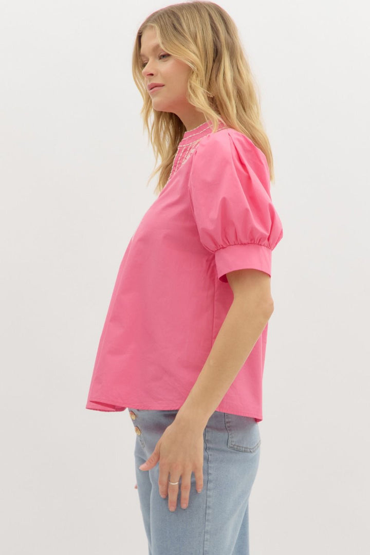 Embroidered Puff Sleeve Top W/V Neck - Lush Lemon - Women's Clothing - Entro - 80322122865021