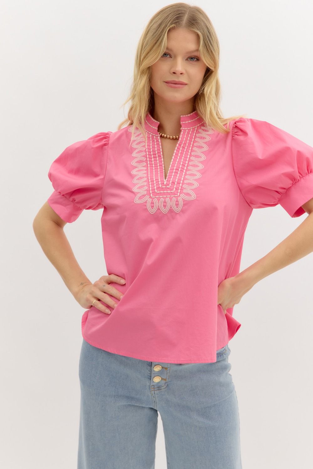 Embroidered Puff Sleeve Top W/V Neck - Lush Lemon - Women's Clothing - Entro - 80322122865021