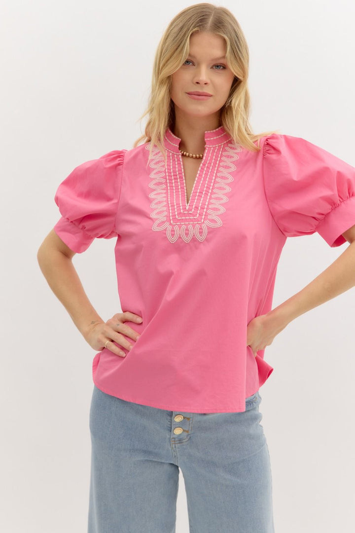 Embroidered Puff Sleeve Top W/V Neck - Lush Lemon - Women's Clothing - Entro - 80322122865021