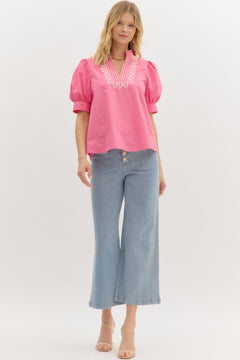 Embroidered Puff Sleeve Top W/V Neck - Lush Lemon - Women&