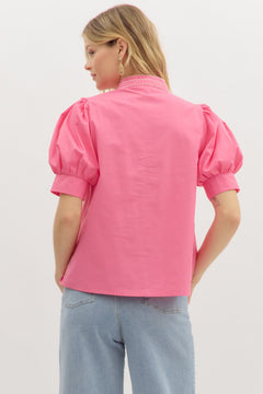 Embroidered Puff Sleeve Top W/V Neck - Lush Lemon - Women&