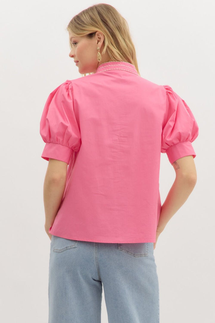 Embroidered Puff Sleeve Top W/V Neck - Lush Lemon - Women's Clothing - Entro - 80322122865021