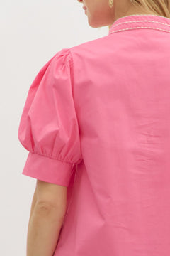 Embroidered Puff Sleeve Top W/V Neck - Lush Lemon - Women&
