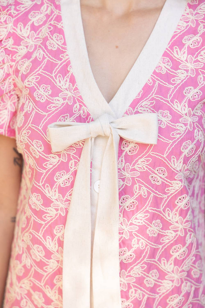 Embroidered Ruffle Sleeve Ribbon Dress - Lush Lemon - Women's Clothing - Voy - 75508111323581