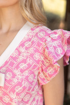 Embroidered Ruffle Sleeve Ribbon Dress - Lush Lemon - Women&