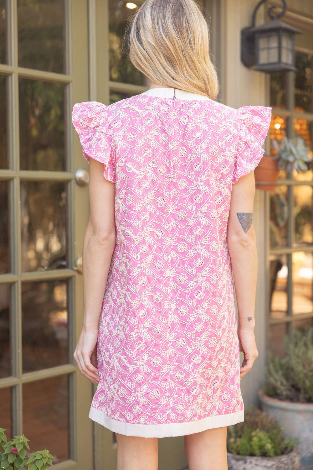 Embroidered Ruffle Sleeve Ribbon Dress - Lush Lemon - Women's Clothing - Voy - 75508111323581