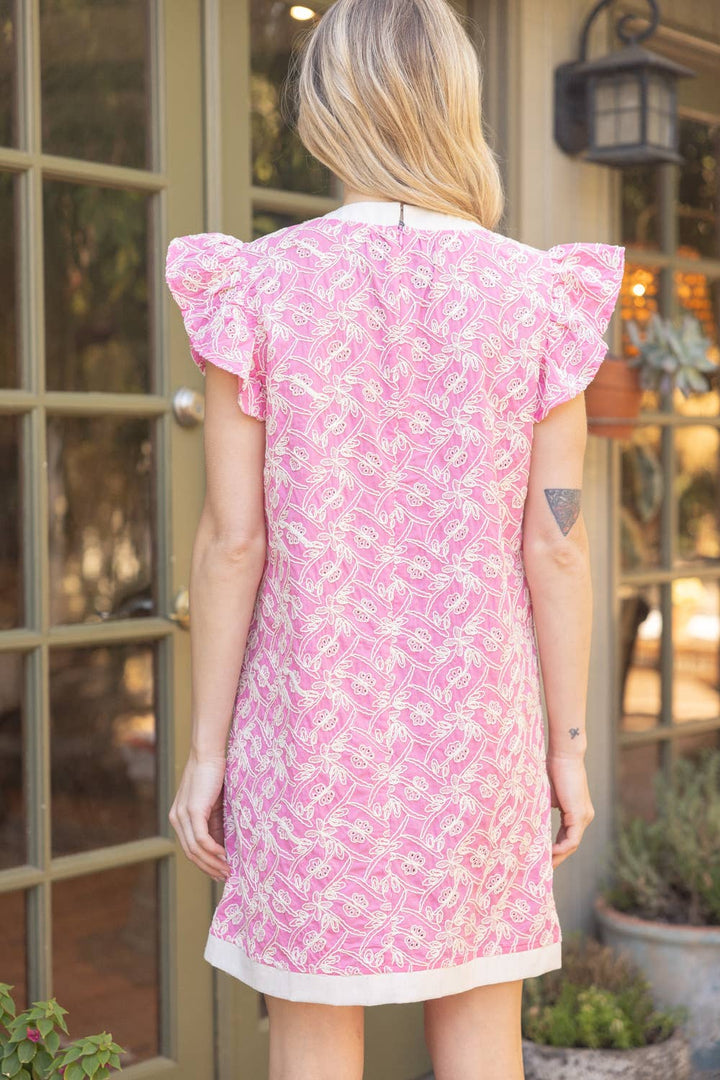 Embroidered Ruffle Sleeve Ribbon Dress - Lush Lemon - Women's Clothing - Voy - 75508111323581