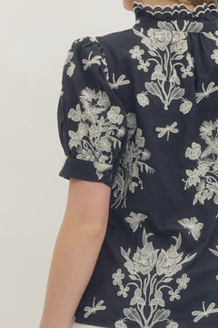 Embroidered Scallop Mock Neck Puff Sleeve Top - Lush Lemon - Women&