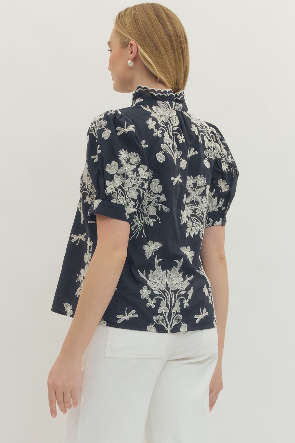 Embroidered Scallop Mock Neck Puff Sleeve Top - Lush Lemon - Women's Clothing - Entro - 16090031029501