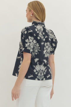 Embroidered Scallop Mock Neck Puff Sleeve Top - Lush Lemon - Women&