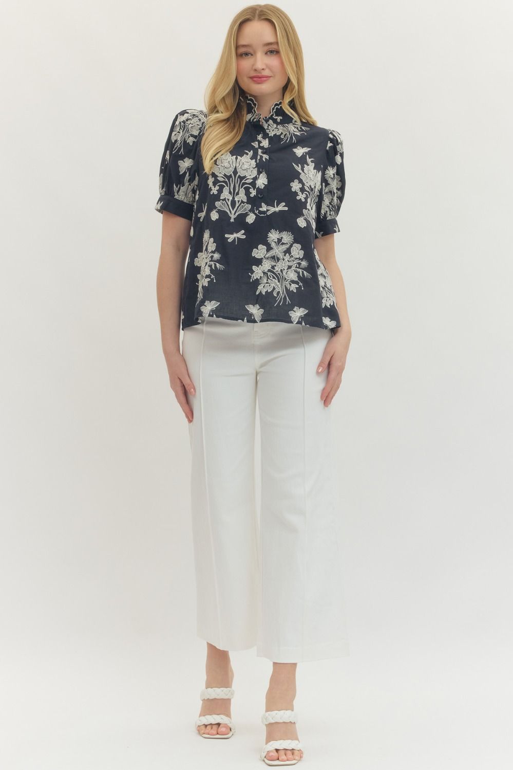 Embroidered Scallop Mock Neck Puff Sleeve Top - Lush Lemon - Women's Clothing - Entro - 16090031029501